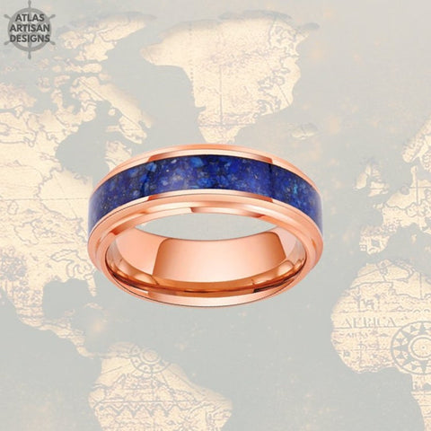 Image of Rose Gold Lapis Lazuli Ring Mens Wedding Band Tungsten Ring 8mm Rose Gold Ring with Step Edges and Blue Lapis Inlay