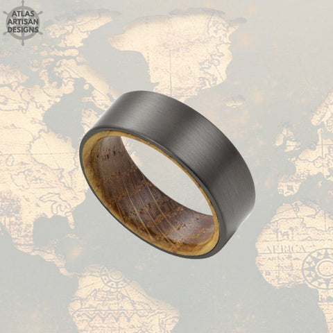 Image of Gunmetal Whiskey Wood Barrel Ring Mens Wedding Band Tungsten Ring