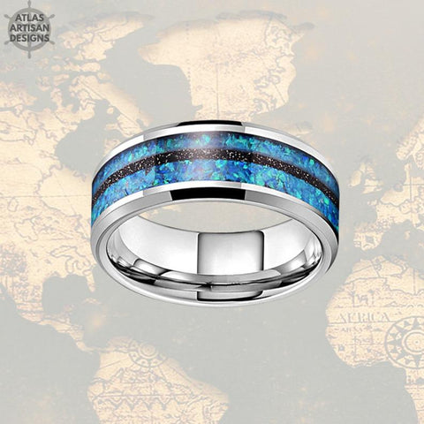 Image of 8mm Black Meteorite & Blue Opal Ring Tungsten Wedding Band Meteorite Ring Mens Wedding Band Tungsten Ring, Meteorite Wedding Rings for Men - Atlas Artisan Designs