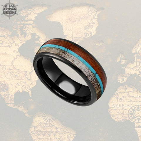 Image of Black Antler & Turquoise Ring Mens Wedding Band Wood Ring / Koa Wood Wedding Band Tungsten Ring / Deer Antler Ring Mens Ring Wooden Rings - Atlas Artisan Designs
