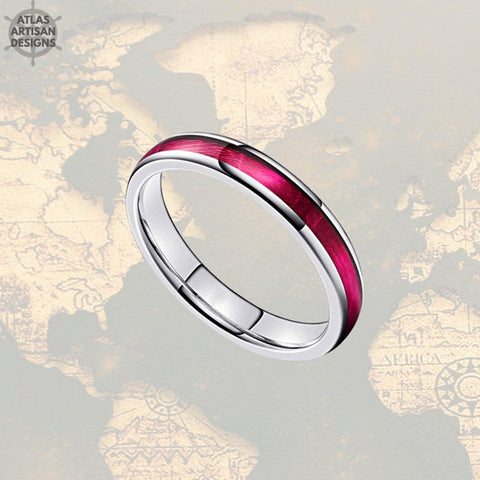 Image of 4mm Red Wood Ring Womens Wedding Band Tungsten Ring, Swirl Wood Wedding Band Womens Ring, Purple Mens Wedding Band Wooden Ring Couples Rings - Atlas Artisan Designs