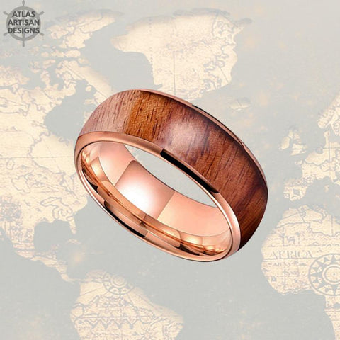 Image of 8mm 18K Rose Gold Tungsten Ring Koa Wood Wedding Band Mens Ring - Atlas Artisan Designs
