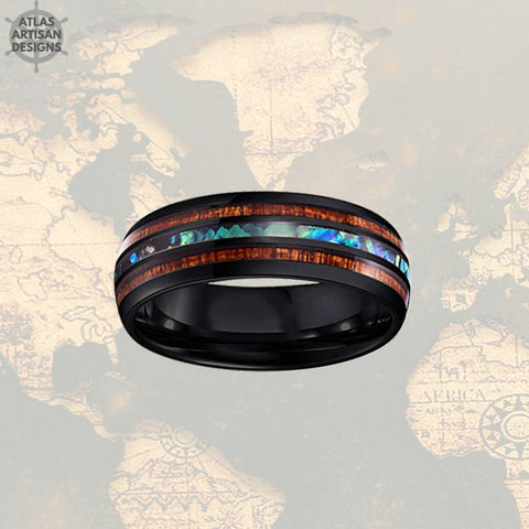 Image of 8mm Koa Wood Ring Mens Wedding Band Abalone Ring, Tungsten Wedding Band Mens Ring Abalone Shell Ring Unique Wedding Bands Women Black Ring - Atlas Artisan Designs