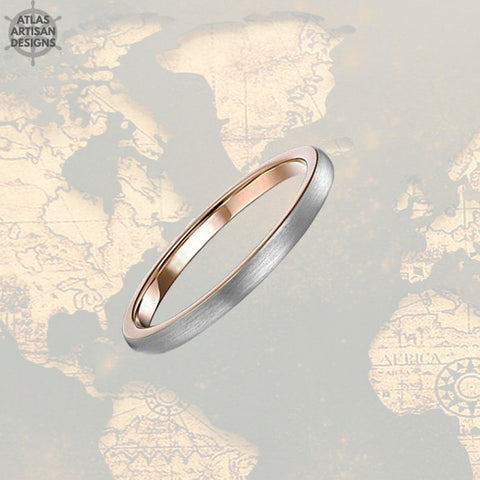 Image of Silver & 18K Rose Gold Ring Womens Wedding Bands Tungsten Ring Minimalist Ring Rose Gold Wedding Band Womens Ring, Couples Rings Dainty Ring - Atlas Artisan Designs