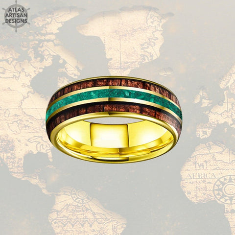 Image of Malachite Ring Mens Wedding Band Tungsten Ring - 8mm Wood Ring 14K Yellow Gold Wedding Band