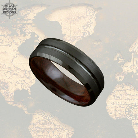 Image of Wenge Wood Ring Mens Wedding Band Tungsten Ring - Black Ring Wood Wedding Band
