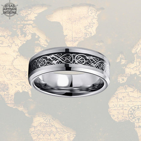 Image of Viking Wedding Ring 8mm Mens Ring Carbon Fiber Ring, Celtic Ring Mens Wedding Band Silver Ring Tungsten Ring Gothic Wedding Ring Dragon Ring - Atlas Artisan Designs