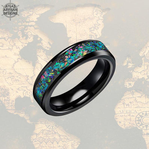 Image of 6mm Black Ring Mens Wedding Band Tungsten Ring Opal Wedding Band - Atlas Artisan Designs