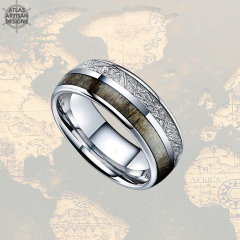 Image of Silver Meteorite Mens Wedding Band Tungsten Ring - Deer Antler Ring - Atlas Artisan Designs