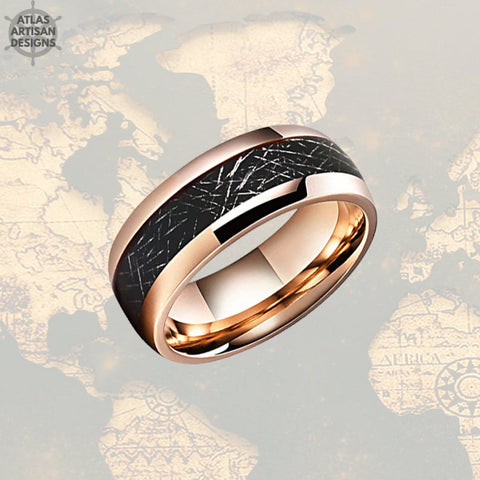 Image of 18K Rose Gold Meteorite Ring Mens Wedding Band Tungsten Ring, 8mm Rose Gold Ring Meteorite Wedding Ring for Men - Atlas Artisan Designs