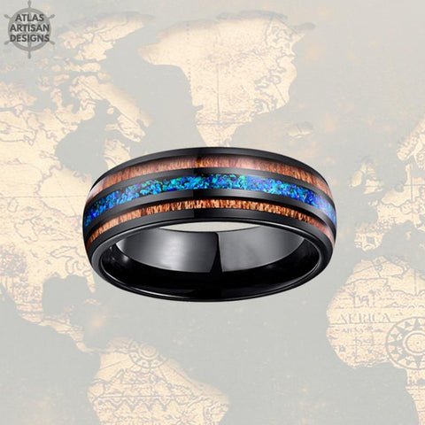 Image of Blue Opal Ring Mens Wedding Band Wood Tungsten Ring - Atlas Artisan Designs