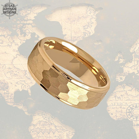 Image of Hammered Viking Ring Mens Wedding Band Tungsten Ring, 18K Gold Wedding Band Mens Ring, Unique Gold Hammered Ring - Atlas Artisan Designs