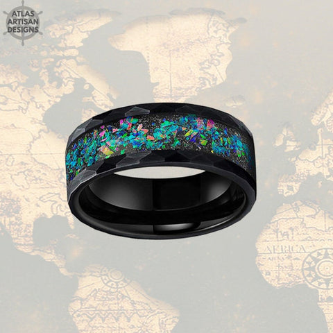 Image of 8mm Black Tungsten Ring Opal Wedding Band Hammered Ring Unique Mens Ring - Atlas Artisan Designs