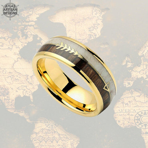 Image of 14K Yellow Gold Mens Tungsten Ring Antler & Wood Wedding Band - Atlas Artisan Designs