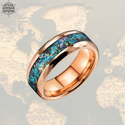 Image of Rose Gold Mens Wedding Band - Fire Opal Hammered Tungsten Ring