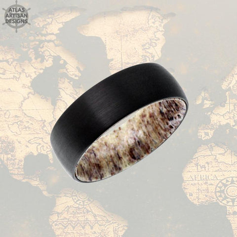 Image of Deer Antler Wedding Band Mens Ring, 8mm Black Tungsten Wedding Band Deer Antler Ring with Brushed Finish, Mens Wedding Band Nature Ring - Atlas Artisan Designs