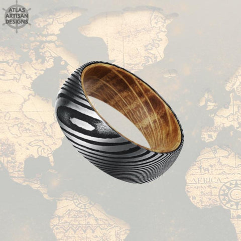 Image of Damascus Whiskey Barrel Ring, 8mm Damascus Steel Ring Whiskey Wood Ring Mens Wedding Band Damascus Ring - Atlas Artisan Designs