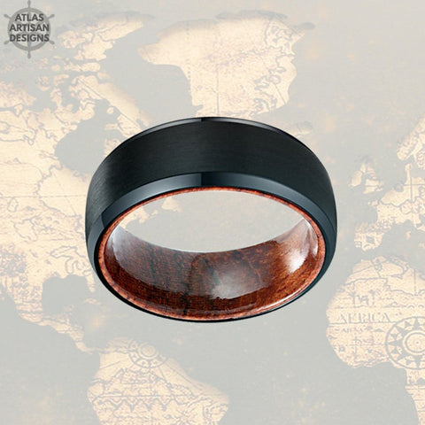 Image of Unique Mens Wedding Band Tungsten Ring, Sandal Wood Ring Nature Wedding Ring, 8mm Black Mens Ring, Wooden Ring, Wood Promise Ring for Him - Atlas Artisan Designs