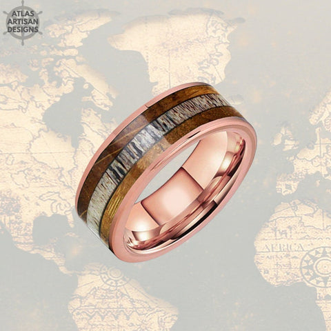 Image of Rose Gold Ring Whiskey Barrel Ring with Antler Inlay Mens Wedding Band Tungsten Deer Antler Ring - Atlas Artisan Designs