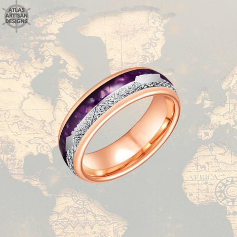Image of 8mm Rose Gold Ring Mens Wedding Band Agate Stone Ring - Meteorite & Purple Agate Tungsten Ring