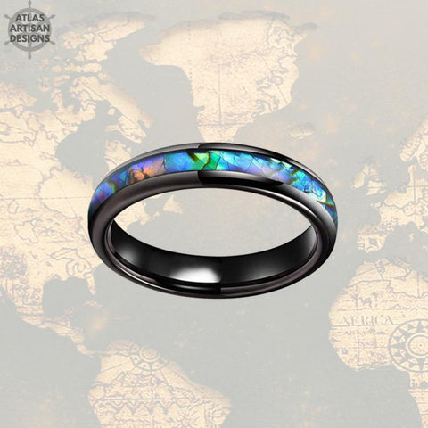 Image of Black Abalone Ring Mens Wedding Band - 4mm Tungsten Ring - Atlas Artisan Designs