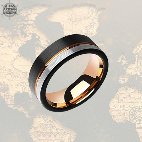 Image of 18K Rose Gold Wedding Band Mens Ring, 8mm Unique Mens Wedding Band Tungsten Ring, Black & Rose Gold Ring Tungsten Wedding Band Mens Ring - Atlas Artisan Designs
