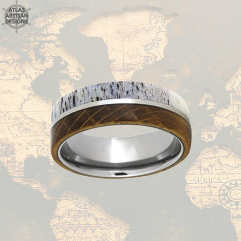 Image of Whiskey Barrel Ring Mens Wedding Band Tungsten Ring - Antler Ring Tungsten Wedding Band
