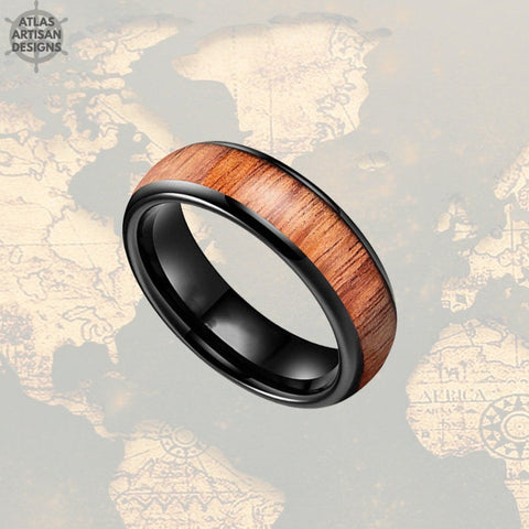 Image of 6mm Mens Wedding Band Black Tungsten Ring Wood Wedding Band Mens Ring