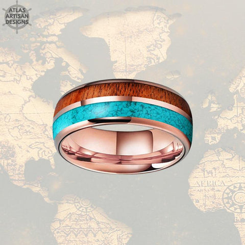Image of Mens Turquoise Ring Rose Gold Wedding Band Wood Ring - Koa Wood Ring