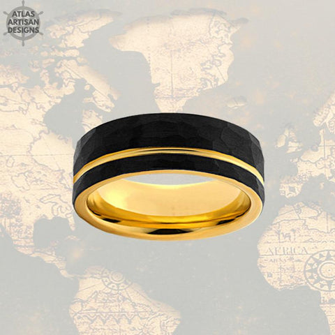 Image of Gold Ring Hammered Wedding Band Yellow Gold Mens Viking Ring