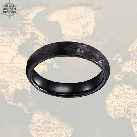Image of Black Hammered Ring Tungsten Wedding Band Viking Ring - 4mm Black Ring