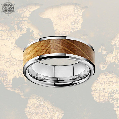 Image of Beveled Bourbon Wood Ring Mens Wedding Band Tungsten Ring, Silver Whiskey Barrel Ring Tungsten Wedding Band Mens Ring with Wood Inlay Ring - Atlas Artisan Designs