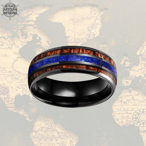 Image of 8mm Lapis Ring Black Tungsten Wedding Band Wood Ring - Unique Lapis Lazuli Ring for Men - Atlas Artisan Designs