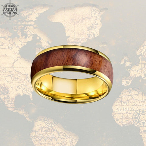 Image of 14K Gold Ring Mens Wedding Band Whiskey Barrel Ring Tungsten Wedding Band Wood Inlay