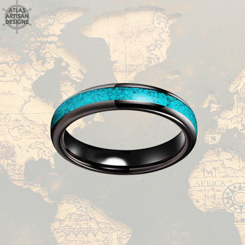 Image of Thin Turquoise Wedding Bands Womens Ring, 4mm Black Ring