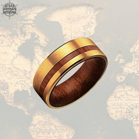 Image of 14K Gold Wedding Band Wooden Ring - Yellow Gold Ring Mens Wedding Band