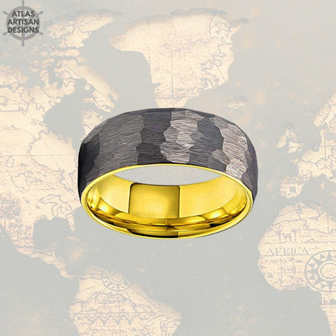 Image of 18K Yellow Gold Ring Mens Wedding Band Tungsten Ring, 8mm Silver Hammered Ring Unique Viking Ring for Men, Gold Wedding Band Mens Ring - Atlas Artisan Designs