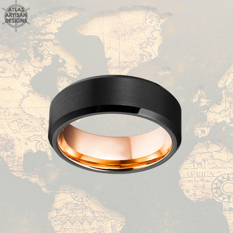 Image of 8mm Rose Gold Wedding Band Mens Ring, Black Ring Mens Wedding Band