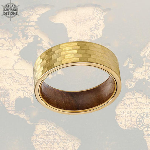 Image of 14K Gold Ring Mens Wedding Band Hammered Ring Koa Wood Rings for Men - Atlas Artisan Designs