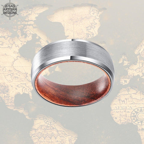 Image of Sandal Wood Ring Mens Wedding Band Tungsten Ring, Beveled Silver Ring Wood Wedding Band Mens Ring, 8mm Wood Promise Ring for Him Wooden Ring - Atlas Artisan Designs