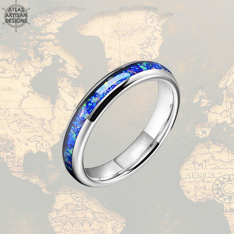 Image of Silver Ring Opal Wedding Band Tungsten Ring - 4mm Blue Opal Ring