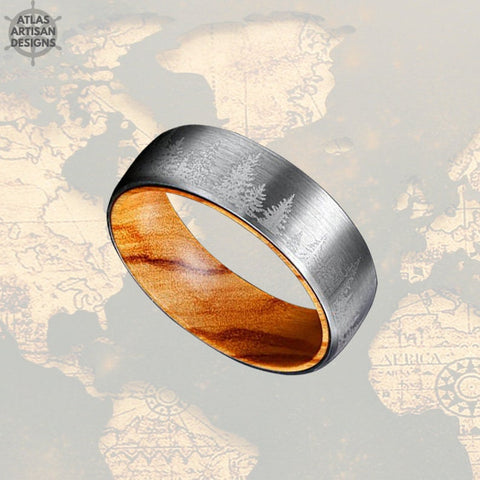 Image of Spruce Tree Tungsten Ring Mens Wedding Band Wood Ring Silver Tungsten Ring - Atlas Artisan Designs