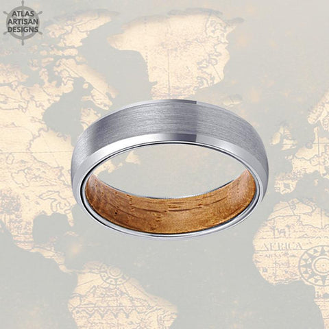 Image of 6mm Silver Wood Ring Mens Wedding Band Tungsten Ring, 6mm Whiskey Barrel Ring Wood Wedding Band Mens Ring, Whisky Wood Promise Ring for Him - Atlas Artisan Designs