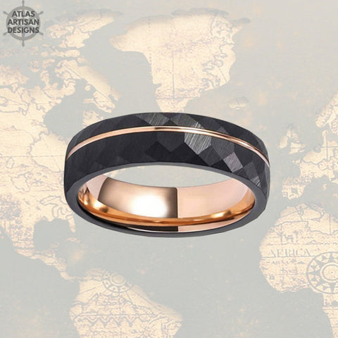 Image of 6mm Tungsten Rose Gold Wedding Bands - Black Hammered Womens Ring
