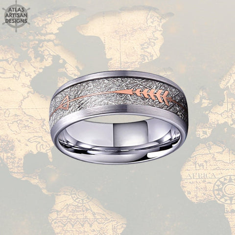 Image of Silver Meteorite Ring Mens Wedding Band Tungsten Ring, 18K Rose Gold Arrow Ring Meteorite Wedding Bands for Men - Atlas Artisan Designs
