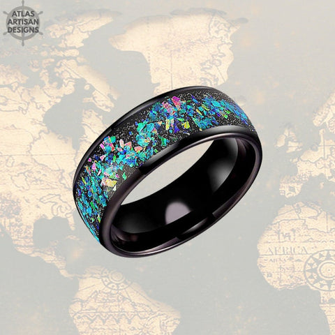 Image of Black Ring Mens Wedding Band Tungsten Ring - Fire Opal Wedding Band