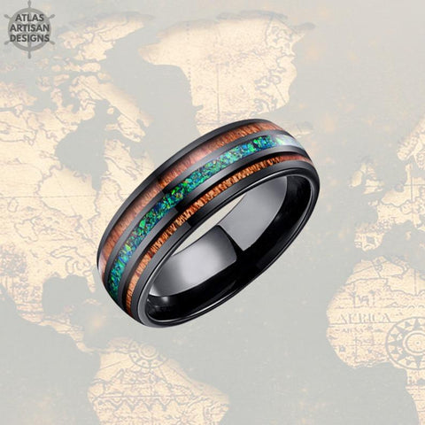 Image of 8mm Wooden Tungsten Ring Opal Wedding Band Mens Ring - Atlas Artisan Designs