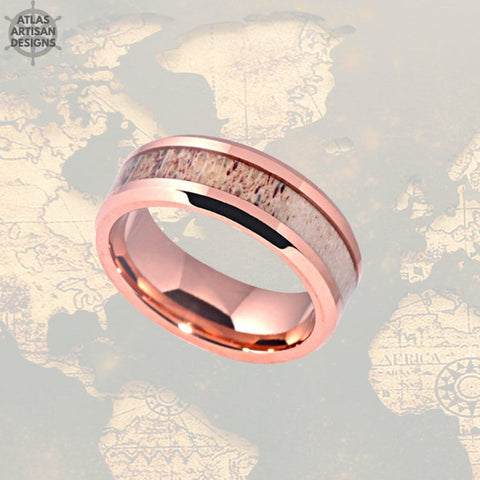 Image of 8mm Deer Antler Ring Rose Gold Wedding Band Mens Ring, 18K Rose Gold Ring, Unique Nature Ring - Atlas Artisan Designs