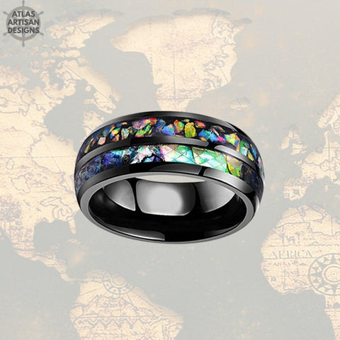 Image of 8mm Black Opal Ring Mens Wedding Band Abalone Tungsten Ring