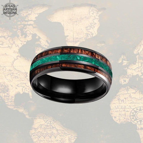 Image of 8mm Malachite Ring Mens Wedding Band Koa Wood Ring Black Tungsten Wedding Band